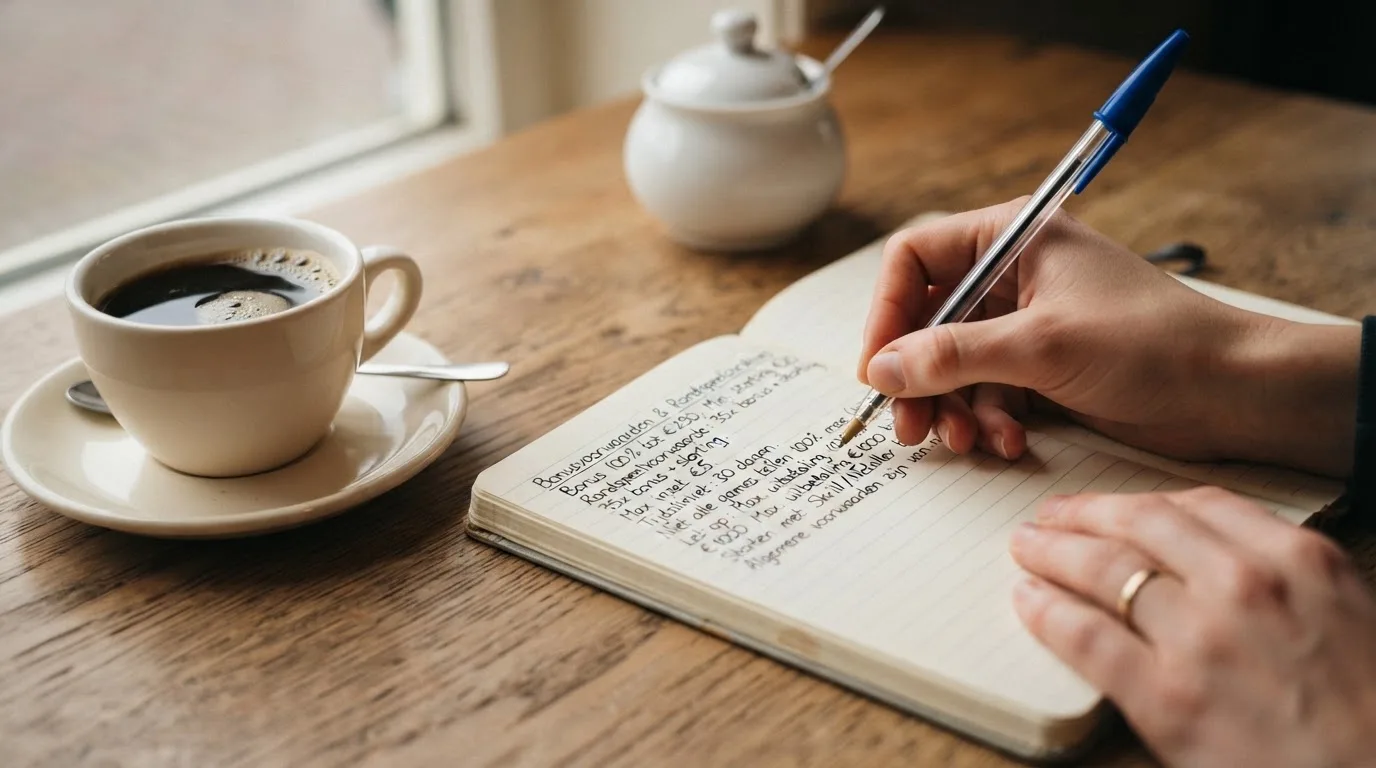 Een hand schrijft met een pen in een notitieboek naast een kopje koffie op een houten tafel.